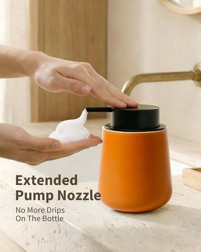 Bosilunlife 12Oz Ceramic Foam Soap Dispenser for Bathroom Kitchen Counter | Premium countertop foam pump creates delicate dense foam, stable desktop placement, Orange