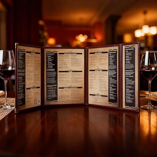 Goodsmart Restaurant Menu Covers – 25 Pack Burgundy Quadfold 8-View, Side-Loading Menu Holders, Vinyl & Plastic Café Menu Covers, Clear Menu Sleeves, Fits 8.5" x 11" & 4.25" x 11", Gold Corners