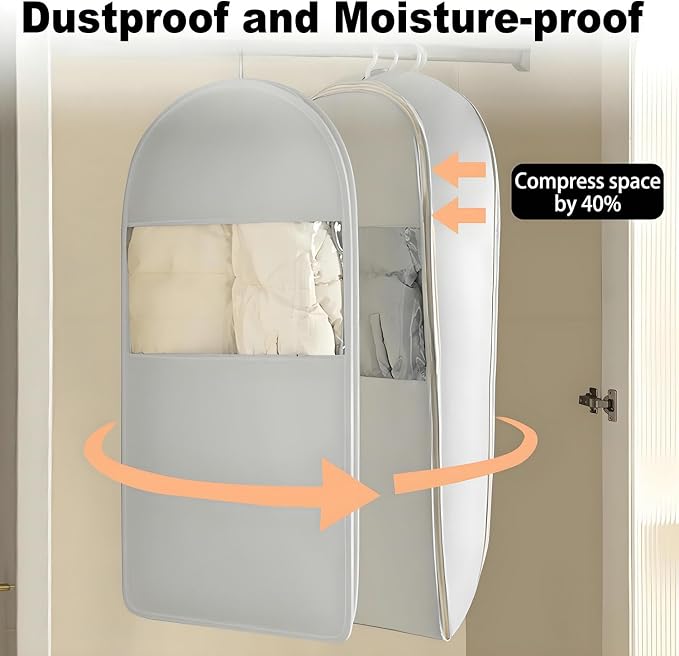 Space Saving Hanging Garment Bag with Self Compression Zipper, New Update Space Saver Clothes Storage Organizer, Dust Cover Clothes Bags for Down Coat Suit Dress or Jacket (Gray, L)