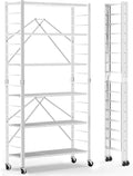 Himix 6 Tier Foldable Storage Shelves, Expandable Folding Bookshelf with Wheels, Changeable into 2 Shelf Units, Collapsible Adjustable Storage Rack Metal Shelves for Garage Kitchen, Basement, White