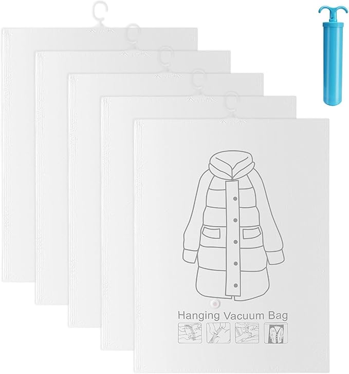 6Pcs Hanging Vacuum Storage Bags for Clothes, with Hand Pump Compressed Sealed Space Saver for Suits Dresses