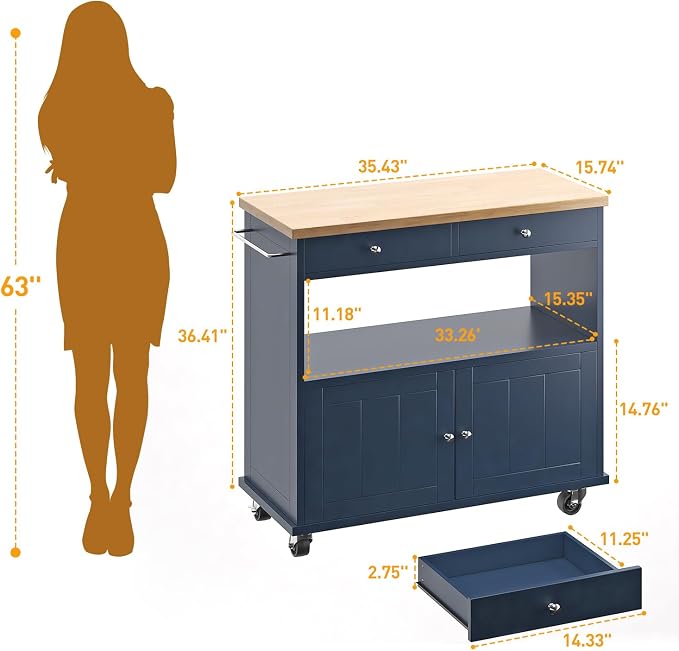 knoworld Rolling Kitchen Island with Storage Cabinet, 35.4'' Width Kitchen Cart, 2 Drawers Island Table, Portable Mobile Kitchen Island with Towel Rack, Wood Top and Lockable Wheels, Blue