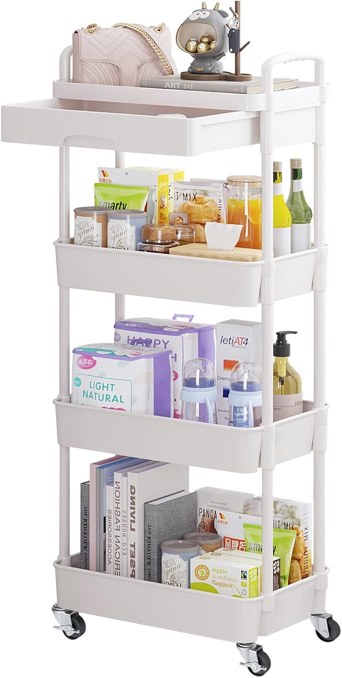 Calmootey 4-Tier Rolling Utility Cart with Drawer,Multifunctional Storage Organizer with Plastic Shelf & Metal Wheel,Storage Cart for Kitchen,Bathroom,Living Room,Office,White | Space-Saving Organizer, Sturdy Plastic Shelves, Smooth-Rolling Metal Wheel...