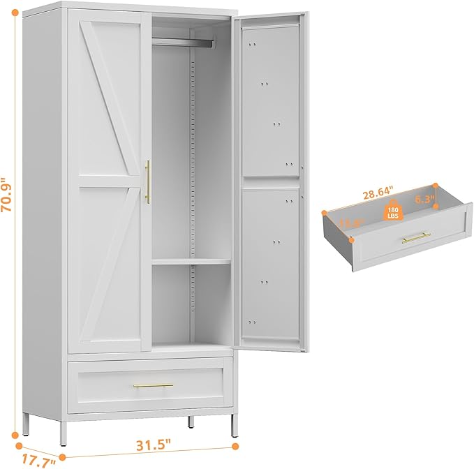 METAN Metal Wardrobe Closet with Doors,Armoire Wardrobe Closet with 1 Drawer for Bedroom,Assembly Required,White