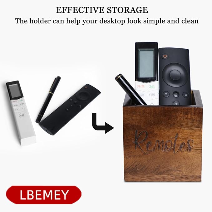 LBEMEY Acacia Wood TV Remote Holder, Caddy and Organizer for Table, Vintage Farmhouse Desk Caddy (Brown for 2 or 3 Remote Controls)