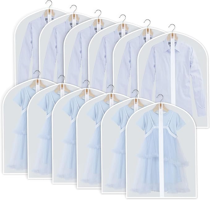 Garment Bags for Hanging Clothes, Set of 12 Suit Bags Dust Resistant Clothing Bags Garment Covers PEVA Breathable Clothes Protectors with Full Zipper for Closet Storage, 24"x 32"