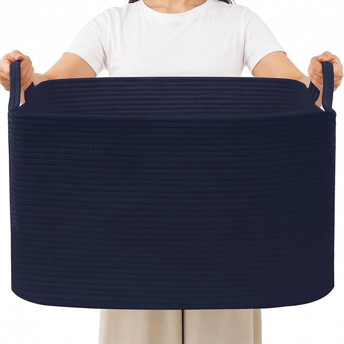 96L Extra Large Navy Cotton Rope Laundry Basket with Sturdy Handle | 24x16x15 Foldable Rectangular Blanket Basket for Toys, Clothes & Pillows,Ideal for Nursery, Bathroom, Bedroom, Living Room