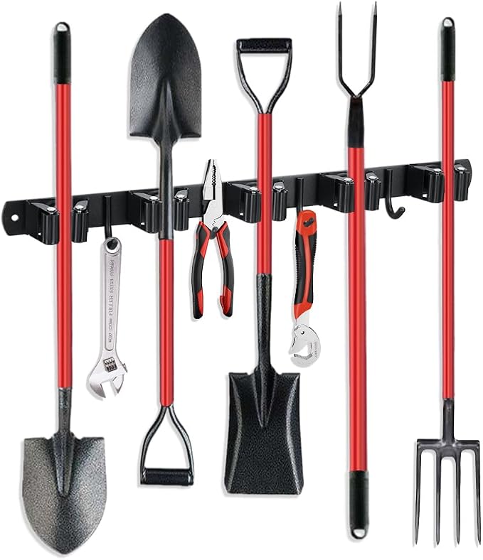 JAMEND CLXP Broom Hanger and Mop Holder, Heavy Duty Garden Tool Organizer Rack Rake and Shovel Handle, Stainless Steel Wall Mounted Utility Rack with Screws (5 Racks with 4 Hooks, Matte Black).