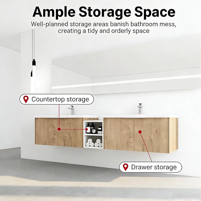 72IN Bathroom Vanity with Double Sink, Modern Solid Wood Floating Bathroom Sink Cabinet, Anti-Fog Mirror, Smart Storage Solutions, Waterproof Design, Open Shelving for Easy Access