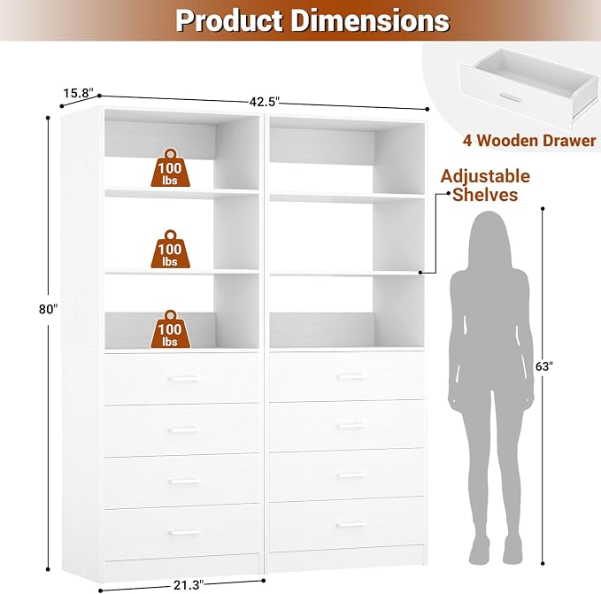 Aheaplus Closet Drawers Organizer System, 3.54FT Wood Closet System with 4 Drawers, Modular Walk-in Closets Storage Unit, Tall Bookshelf Storage Cabinet, White (2 Packs)