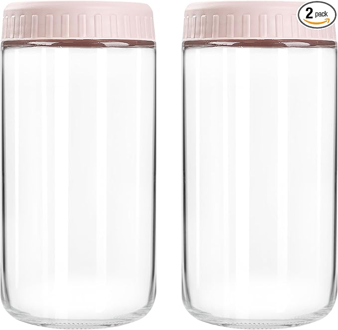 SHOWIN Overnight Oats Containers with Lids, 24oz Glass Jars with Lids 2 pcs, Pink, Wide Mouth Mason jars for Salad, Yogurt, Snacks, Meal Prep