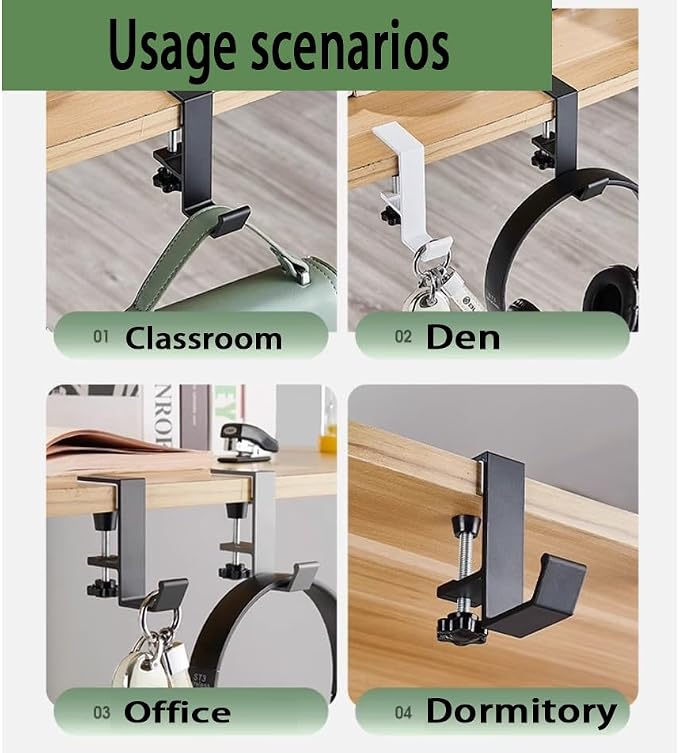 3 Pack Desk Bag Hook, Metal Hook Clamp (White-A) | Under Desk Mount Bag Hook Clamp, Desk Hook for Headphones, Backpack Hooks Clamp