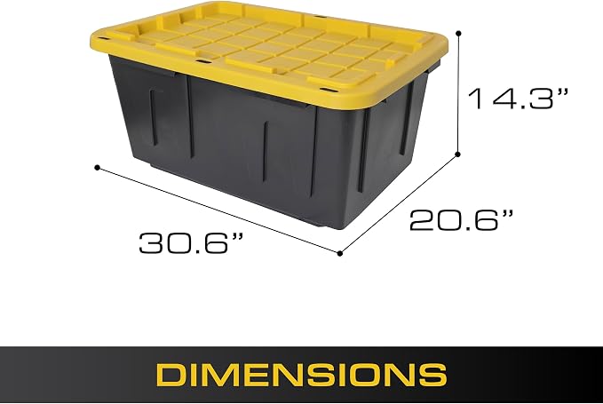 CX Black & Yellow 27-Gallon Heavy Duty Stackable Storage Bins with Lids, Dorm Room Essentials, Moving Boxes, Back to School, Classroom Organization, Home Organization, 4 Pack (14.3"H x 20.6"W x 30.6"D)