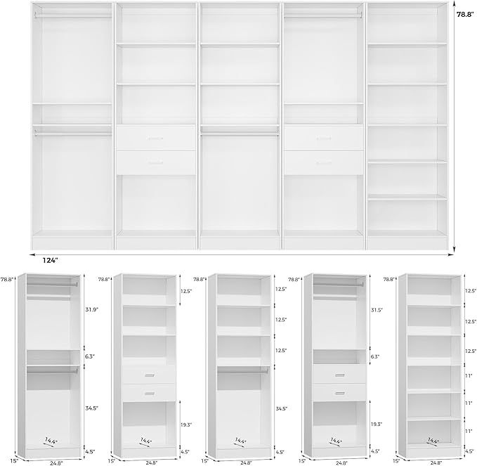 VOWNER 25'' Freestanding Closet System with 5 Adjustable Shelves, Wood Closet Organizer System, Walk-in Closet, Clothes Garment Rack, Adjustable Shelving Unit, Wardrobe Closet Bedroom Entryway