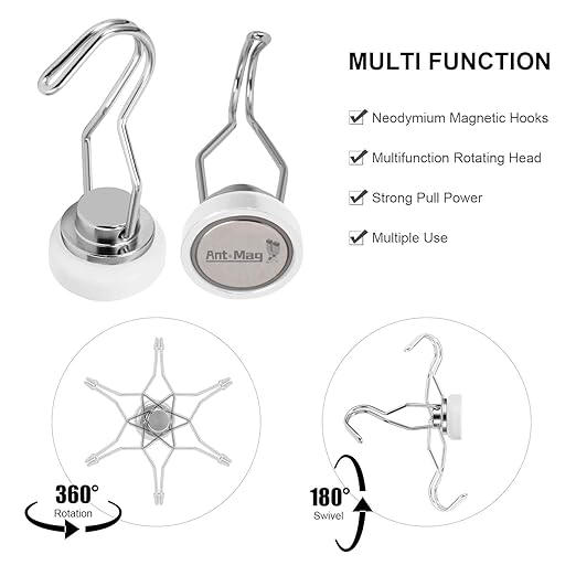 Ant Mag Swivel Magnetic Hooks 50lbs Heavy Duty Grill Magnet Hooks 4 Pack with Scratch Proof Stickers Great for Home Refrigerator Kitchen Store Grill BBQ Office Warehouse (White)