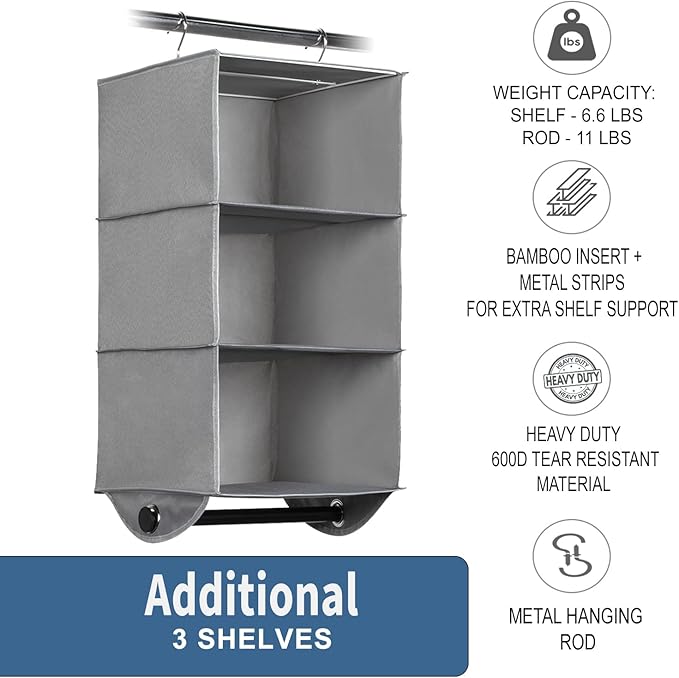 HOLDN’ STORAGE Hanging Closet Organizer with Garment Rod – Heavy Duty 3-Shelf Hanging Shelves for Clothes, Sweaters & Shoes, Reinforced 600D Fabric Storage Unit with Built-in Clothing Rod, Grey