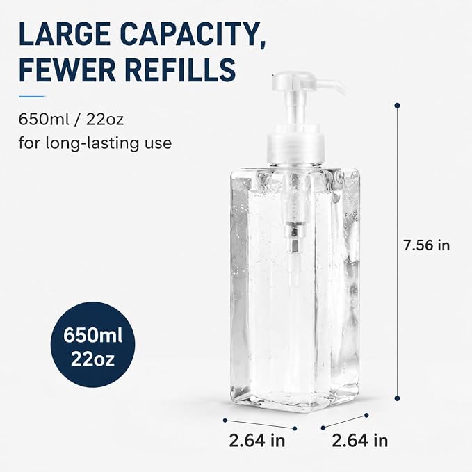 TMLECE 22oz/650ml Square Soap Dispenser Bottles | PETG Material, Large Capacity, Leak-Proof Pumps for Hand Soap, Lotion & Shampoo in Bathrooms & Kitchens, 4 Pack