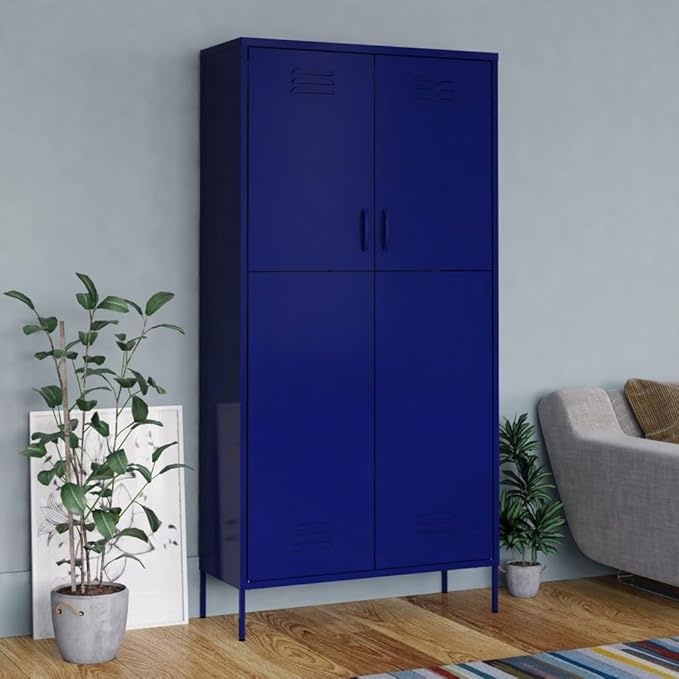 Metal Wardrobe Storage Cabinet,Employees Locker Wardrobe Industrial Steel Storage Cabinet with Hanging Rod, 4 Adjustable Shelves for Office, Garage, Home 35.4"x19.7"x70.9" Navy Blue -AA