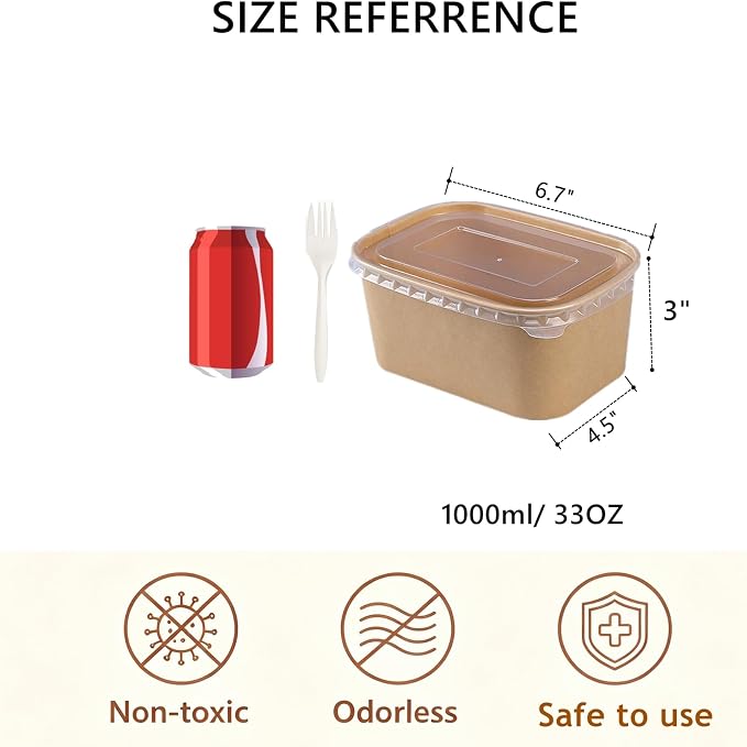 50 Pack Disposable Kraft Paper Bowls with Lids, 33 OZ Meal Prep Container, Microwave Freezer Safe Salad Bowls with Forks for Hot/Cold Food, Soup, Ice Cream, Takeout, Party Supplies