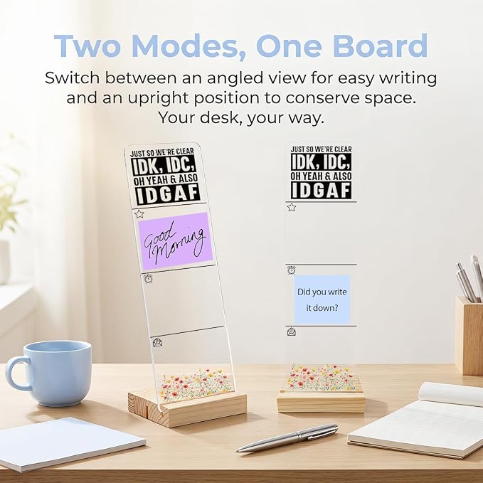 Sticky Note Holder, Monitor Memo Board, Acrylic Post It Note Holder with Wooden Base, Includes 200 Notes, Desk Organizer Funny IDGAF Quote