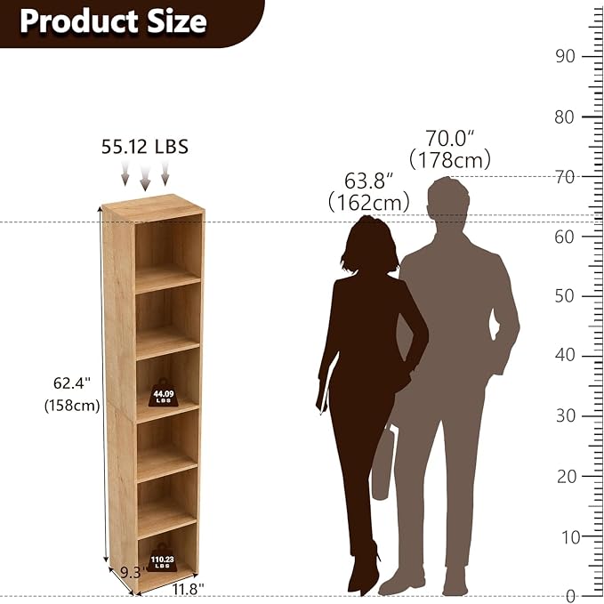 Wooden 6 Cube Storage Organizer, 6 Tier Storage Cubes Unit Display Cubby, Versatile Cubes Shelf and Cubby Organizer for Any Space (Oak, 6 Cube-W(11.8inch)
