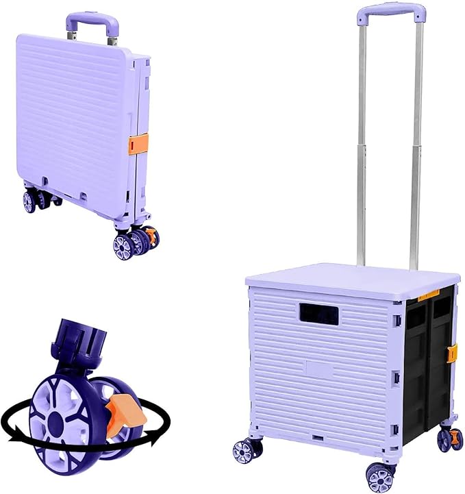 Quick Utility Cart Folding Portable Rolling Crate Handcart with Durable Heavy Duty Plastic Telescoping Handle Collapsible 4 Rotate Wheels for Travel Shopping Moving Luggage Office Use (Purple)
