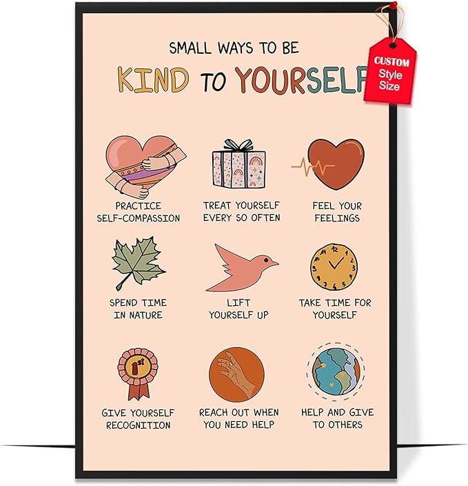 LOLUIS Mental Health Poster, Boho Therapy Tools Educational Supplies Art Print Classroom School Office Decor (Be Kind To Yourself, Custom Frame Type)