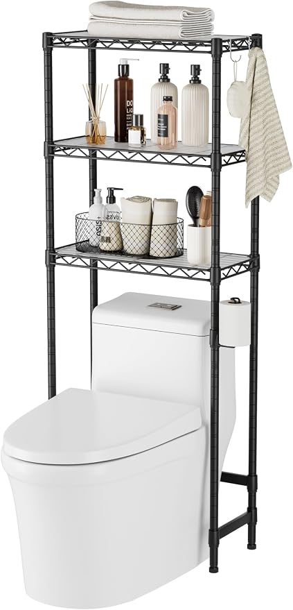 Over The Toilet Storage Shelf 3-Tier Bathroom Organizer and Storage Shelf | with Adjustable Shelf and Basket Freestanding Space Saver Above Toilet for Room Black