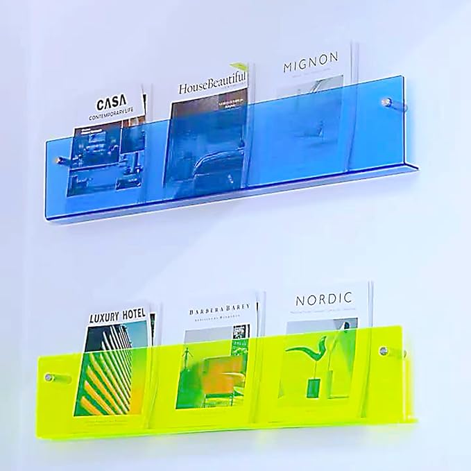 ROYALITA 2-Pack Acrylic Magazine Holder Brochure Holder, Blue 24 Inch | Record Magazine Rack, Fashion Floating Bookshelf, Literature Storage Rack for Waiting Room, Living Room, Office