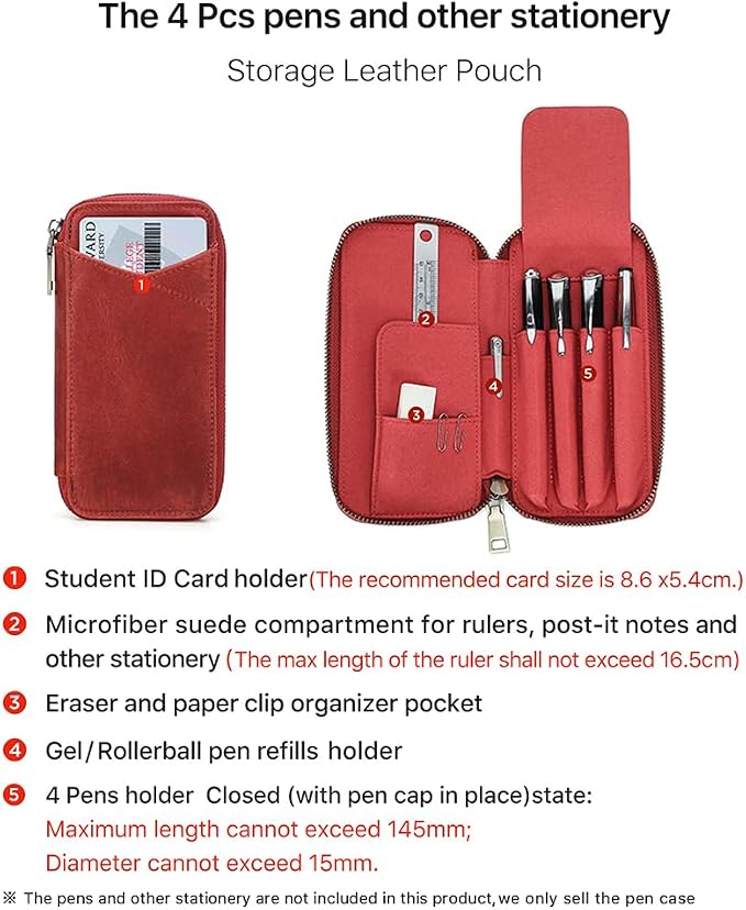 CONTACTS Full Grain Leather Pencil Case for Women Handmade Vintage Zipper Pen Holder Pouch with Card Slot Pens Organizer Pockets Stationery Bag (Red)