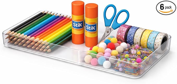 primebox Plastic Clear Acrylic Drawer Organizers. Bathroom, Kitchen, Bedroom, Utensils, Office Organizer Bins, Storage Trays. Heavy Duty, Stackable. 12" x 6" x 2" Set of 6