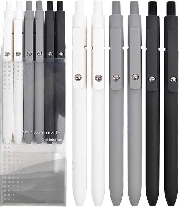 Gel Pens School Office Supplies - 6 Pcs 0.5mm Cute Ink Ballpoint with 10 Refills, Black White Fine Point Pen, Desk Accessories for Women College Teacher, Pastel Smooth Writing Pen for Journaling Gift