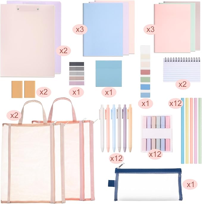 Colarr 54 Pcs Cute Notebook Stationery Set for Women, Bible Study Supplies, 6 Lined Notebooks, 36 Pens, Sticky Notes & Tabs, Bags & Folders for Work Journal Study College Office Supply(Macaron Color)