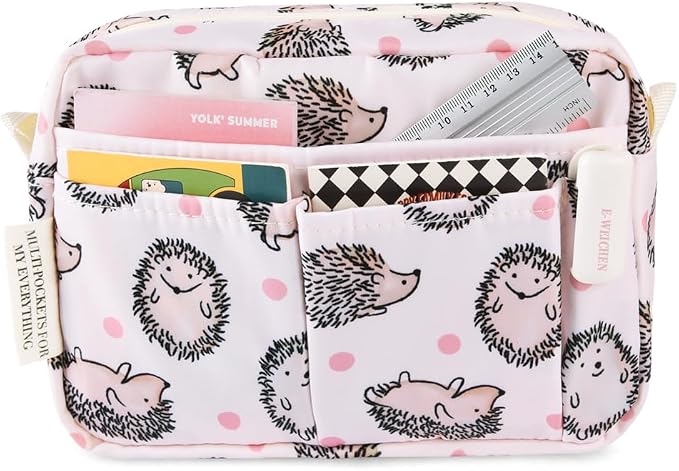 E-WEICHEN Multiple Pockets Portfolio Organizer with Zippered, Makeup Bag Travel Essentials for Women, Simple Waterproof Stationery Pencil Pouch Bag for Journal Office Art Supplies.Pink Hedgehog