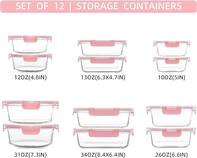 FAWLES 12 Pack Glass Storage Containers with Lids, Leak-Proof Meal Prep Containers, Dishwasher/Microwave/Oven/Freezer Safe Glass Food Storage Containers for Leftovers, to Go