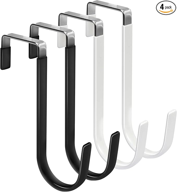 FYY Over the Door Hooks, Single-Hanger 4 Pack, Fits Doors 1 3/8" Mix | Heavy Duty Metal, Hold 20lbs, Rubber-Coated, No-Drilling, for Bathroom Dorm, Hanging Towels Clothes Hats Bags Coats Wreaths