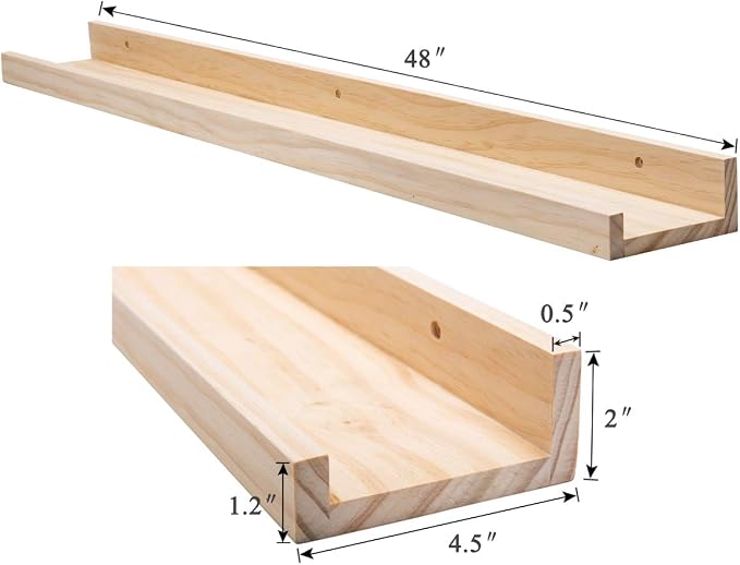 AZSKY Picture Ledge Long Floating Wall Shelf 48 Inch Photo Ledge Display Floating Shelves Wall Mounted Shelves Home Decor Nursery Bookshelf Natural Wood Set of 2
