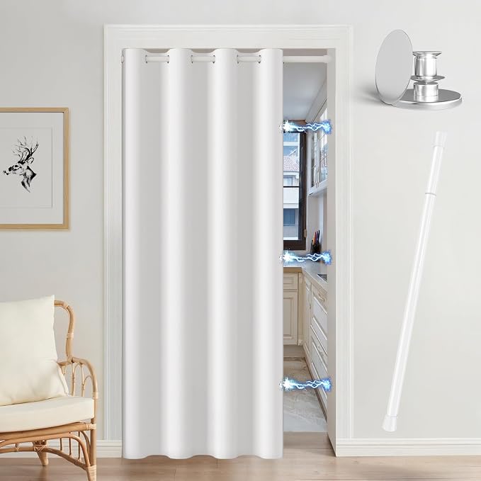 Vatge Magnetic Doorway Curtains with Rod, W52 x L76, 1 Panel, Grayish White | Light Filtering Door Curtain, Closet Door Alternatives, Easy to Access