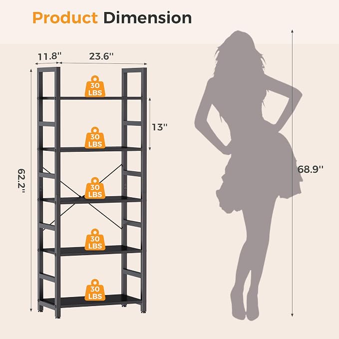 DUMOS 5-Tier Bookshelf, Modern Tall Bookcase Book Shelf | Open Storage Display Shelf for Living Room, Bedroom, Home Office, Narrow Standing Shelving Unit for Books, CDs, Décor Black