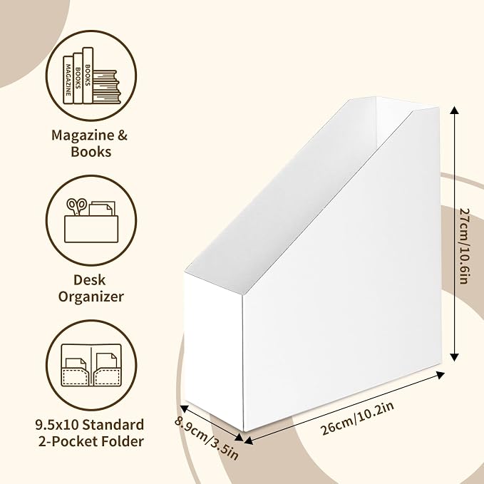 Rempry 12 Pack Magazine File Holders White, Foldable Cardboard Document Organizer Boxes with Labels, Space-Saving Storage for Office, Home, School, 10.2x3.5x10.6 Inchs