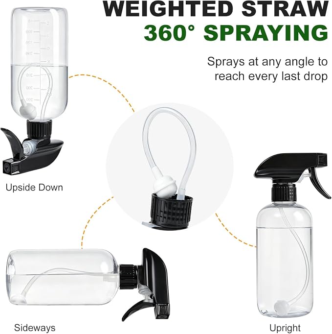 Spray Bottles 16oz 2 pack — 360° Any-Angle Spraying, Mist & Stream Plastic Empty Water Sprayer, with Measurements & Weighted Straw, Leak-Resistant for Cleaning Solutions, Planting, Hair + Funnel