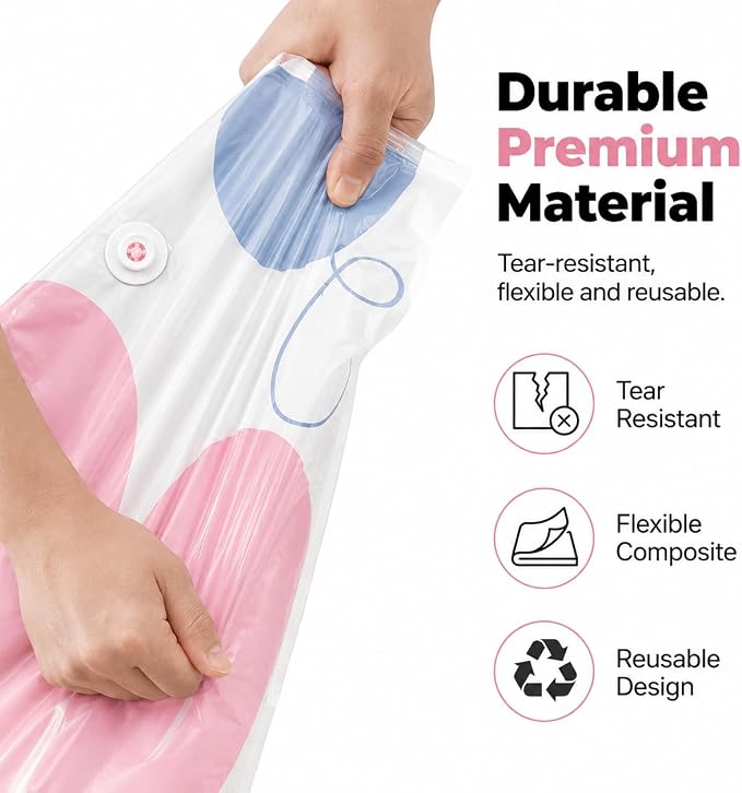 3 Pcs No-Pump Vacuum Storage Bags, Large Cube Compression Space Saver Bags | 3D upright PET+PE compression bags for clothes, comforters and blankets; reinforced base, double-zip seal, reusable design