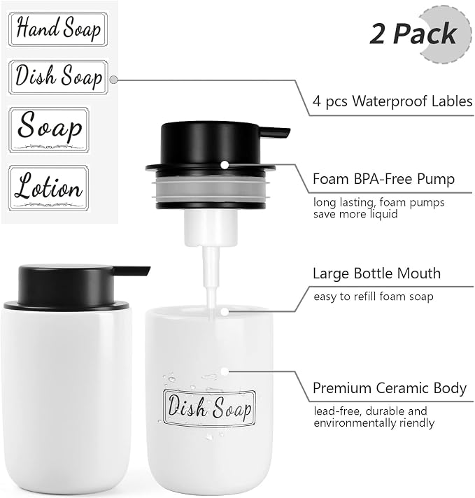 BosilunLife Foaming Soap Dispenser Set - White Ceramic Foam Hand Dispenser 12oz Soap Dispenser Set with Rust Proof Pump, 4Pcs Clear Stickers for Kitchen, Bathroom - 2 Pack