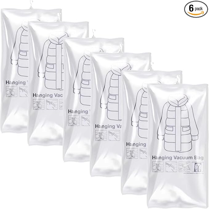 Hanging Vacuum Storage Bags for Coats, Hanging Vacuum Sealer Storage Space Saver Bags, Reusable Thickened Hanging Vacuum Bags with Hooks for Closet, for Clothes, Suits, Dresses, Coats (6 pcs-M)