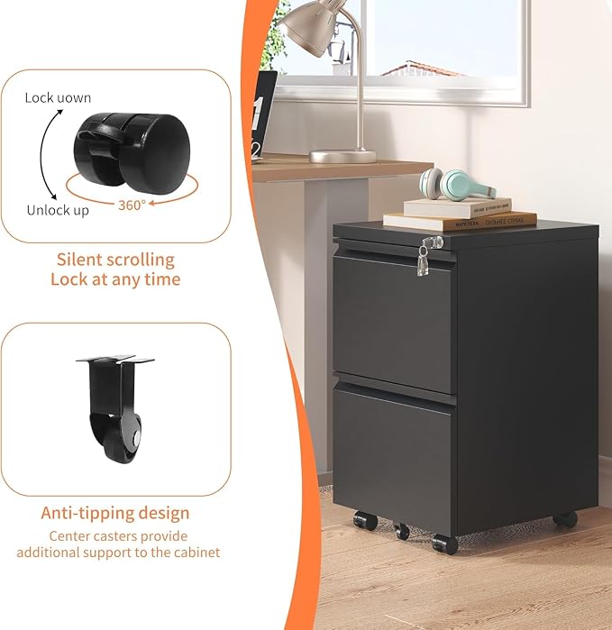 Guizeeopo 2 Drawer Locking File Cabinet, Fully Assembled Heavy-Duty Metal Filing Cabinets for Home Office, Quiet Slides, Anti-Tipping Wheels, Fits A4/Letter/Legal, Matte Black