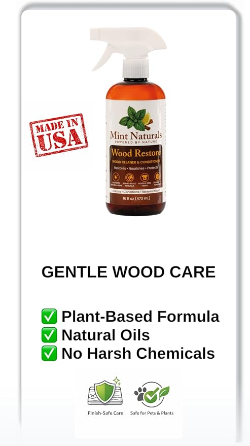 Natural Wood Cleaner & Furniture Conditioner - Plant-Based 16oz | Made in USA by Mint Naturals