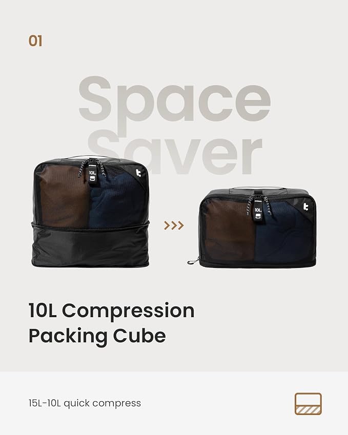 tomtoc 3 Set Packing Cubes for Travel, Compression Expandable Organizers | Odor-resistant Travel Bag Pouch for Backpack & Suitcase, Luggage Organizer Accessories for Travel Essentials Storage