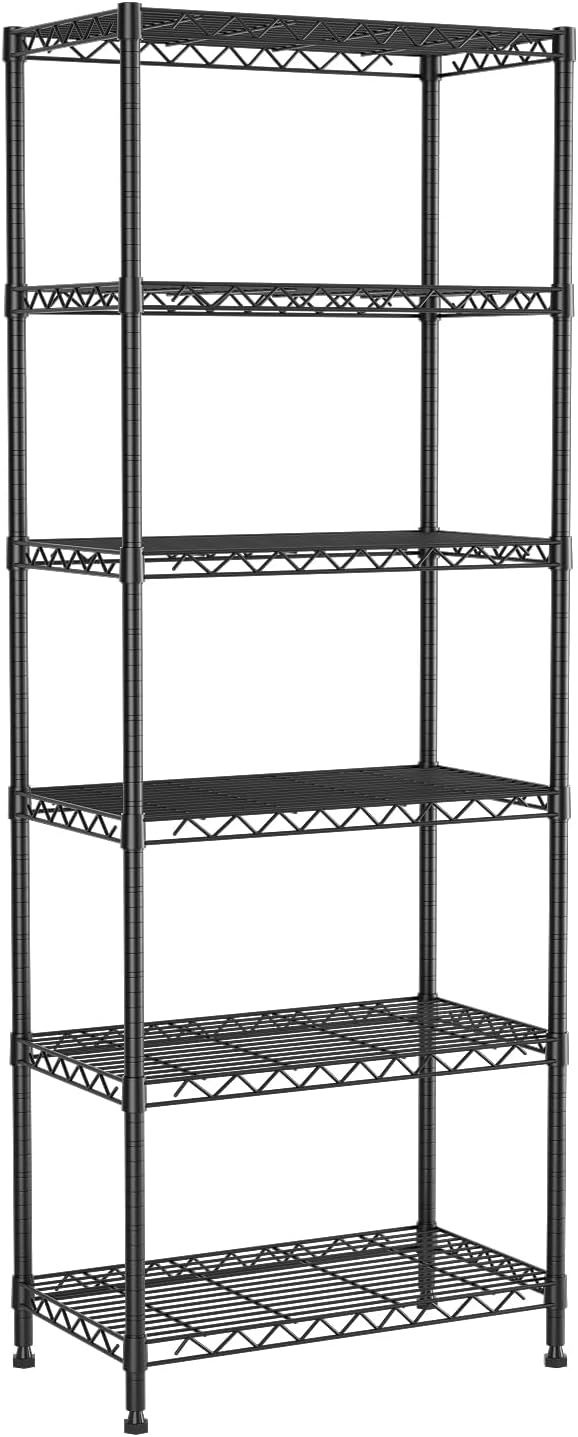 6-Tier Wire Rack Shelving,21.3" Wx11.4 Dx73 H,Metal Shelf On Lockable Wheels,Height Adjustable Wire Storage Shelves for Narrow Space/Kitchen/Pantry/Laundry/Office/Closet/Black
