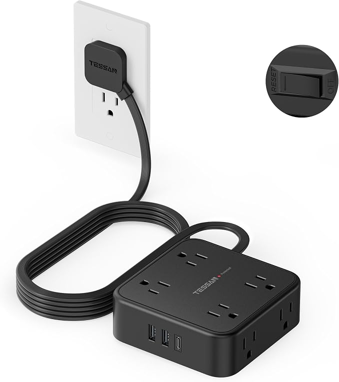 TESSAN Surge Protector Power Strip, 10 Ft Flat Plug Extension Cord with 3 USB (1 USB C) 8 Outlets, 900J Protection, 3 Sided Outlet Extender with Power Switch for Office, Dorm Room, Black