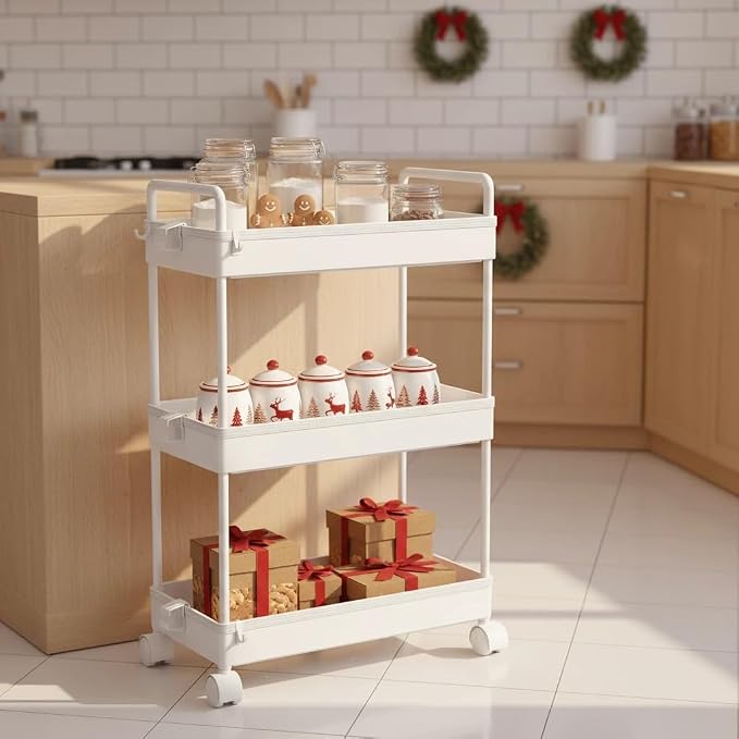 Ronlap 3 Tier Slim Rolling Storage Cart with Wheels Utility Organizer,White | For bathroom, laundry, kitchen, bedside & dorm. Fits art, craft, snack, makeup, nail, diaper & postpartum baby supplies